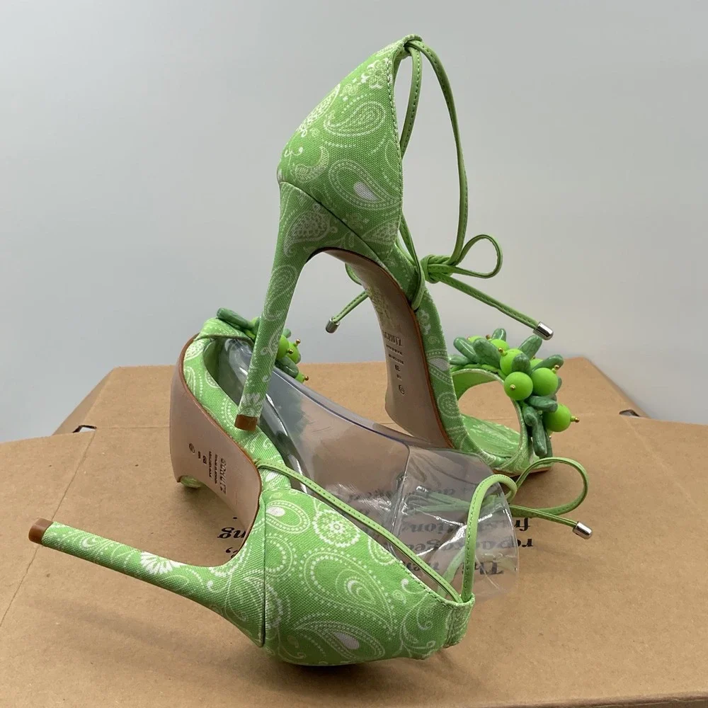 Schutz Green Paisley Beaded Ankle Wrap Stiletto Square Toe Sandals Women 6B